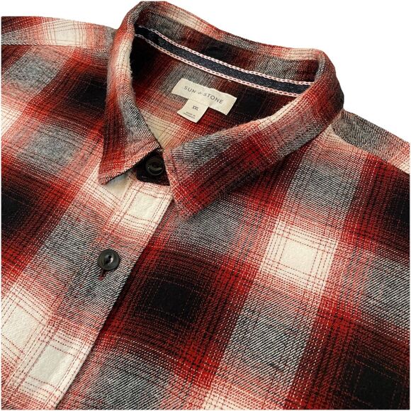 Sun + Stone Men’s  Flannel Button Down Tattersall Shirt Plaid Red Black- XXL - Picture 3 of 14